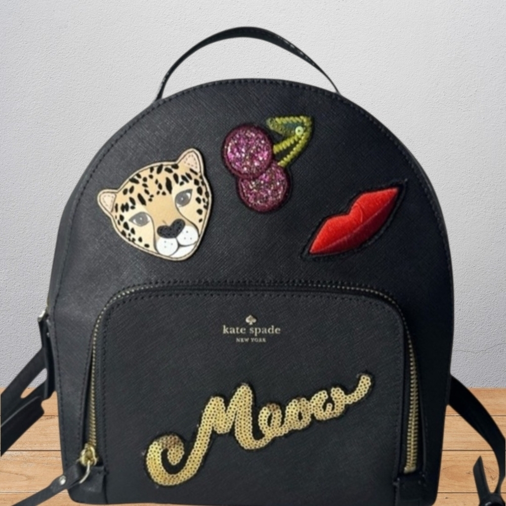Kate Spade Meow Cat Novelty Backpack Leopard Cherry Black Leather
